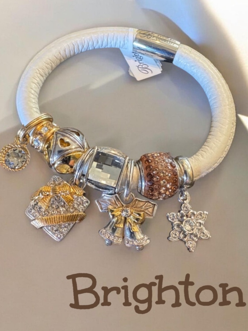 Brighton White Leather Charm Bracelet Mixed Gold/Silver Charms w/ Swarovski Gems